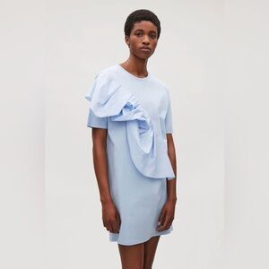 COS Ruched Drape Dress Blue Short 100% Cotton Sz S